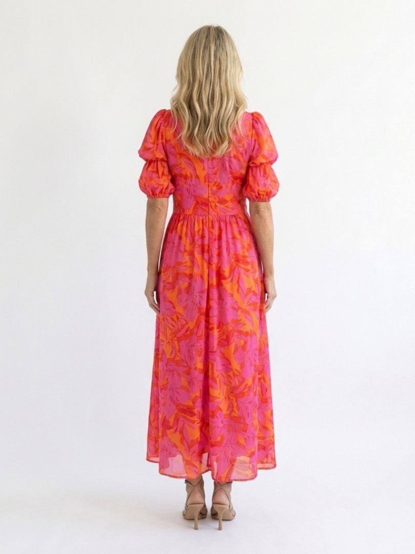 Elegant Pink Orange Floral Fall Wedding Guest Dress for Women with V Neck Puff Sleeve Button Front Flowing Style