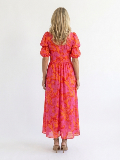 Elegant Pink Orange Floral Fall Wedding Guest Dress for Women with V Neck Puff Sleeve Button Front Flowing Style