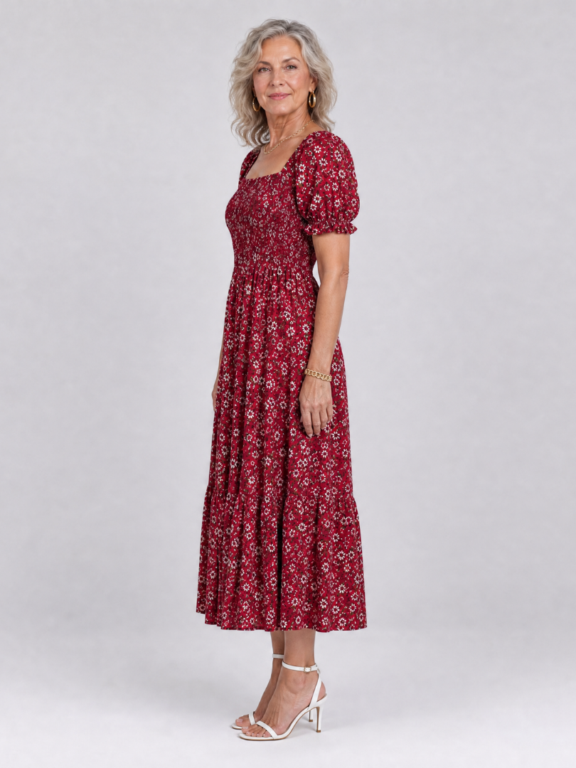 Effortless Floral Midi Dress for Women with Square Neck Puff Sleeve Smocked Bodice A Line Casual Style