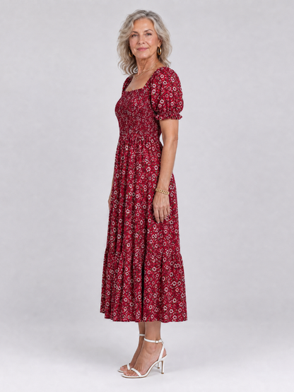 Effortless Floral Midi Dress for Women with Square Neck Puff Sleeve Smocked Bodice A Line Casual Style
