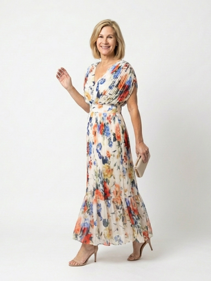 Elegant Ivory Floral Pleated Fall Wedding Guest Dress for Women with V Neck Dolman Sleeve Tiered Ruffle Flowing Style
