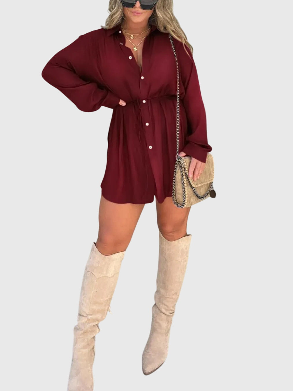 Effortless Red Shirt Dress for Women with Collar Button Front Long Sleeve Drawstring Waist Casual Style