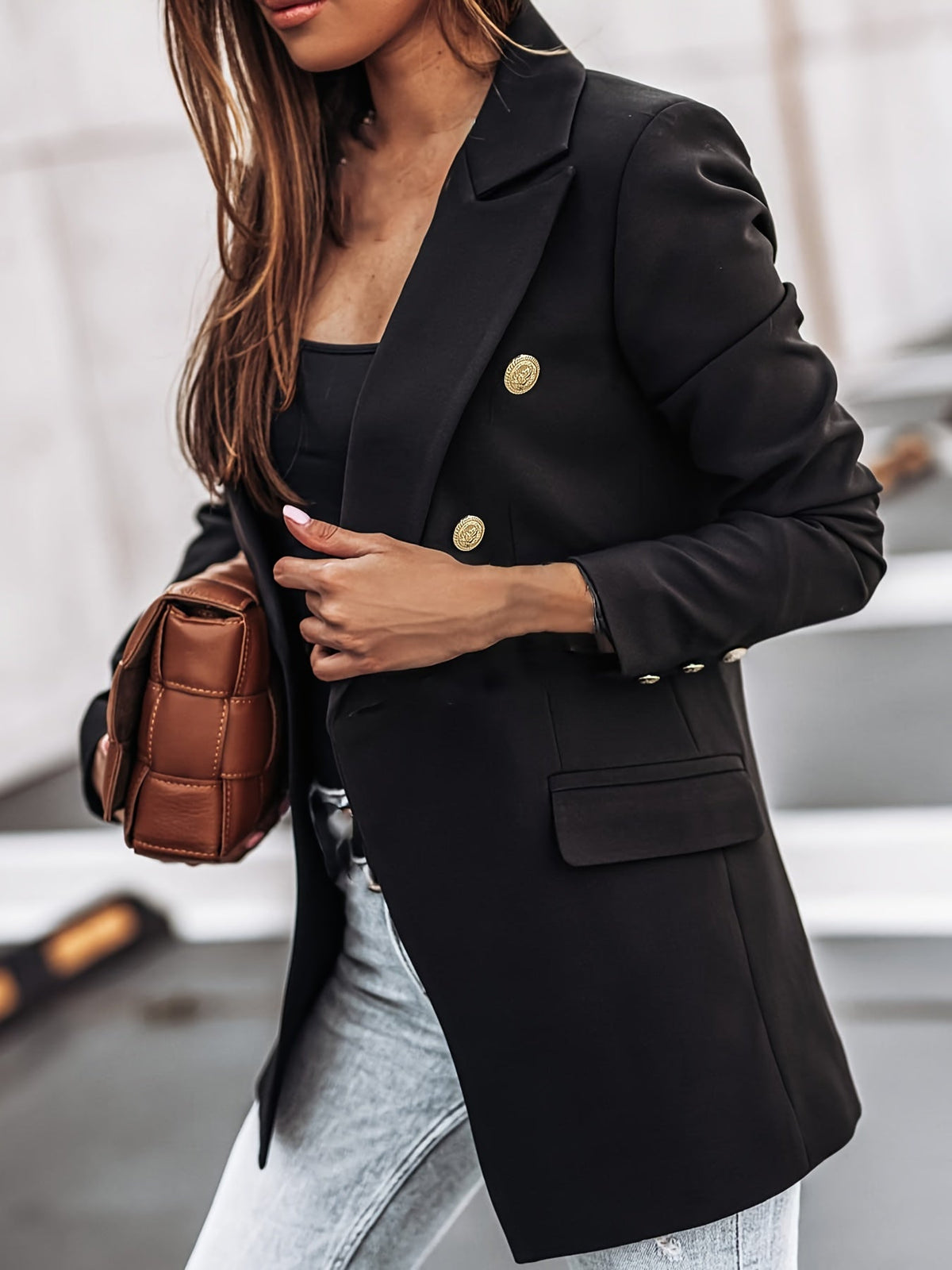 Elegant Blazer for Women with Notched Lapel Long Sleeve Double Breasted Gold Button Workwear Style