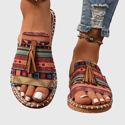 Comfortable Orthopedic Sandals for Women with Ethnic Print Tassel Flat Open Toe Slip On Casual Style