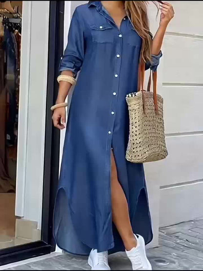 Effortless Blue Denim Dress for Women with Collar Long Sleeve Side Slit Maxi