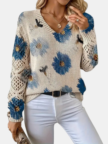 Comfortable Floral Crochet Sweater for Women with V Neck Long Sleeve Oversized Knit Style