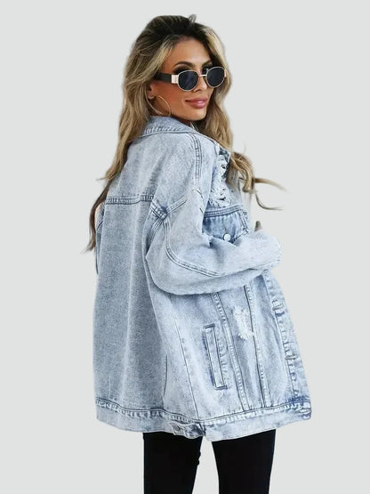 Effortless Light Blue Denim Jacket for Women with Spread Collar Long Sleeve Distressed Oversized Style