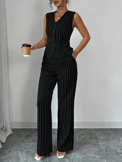 Elegant Grey Pinstripe Chino Pants Two Piece Set for Women with V Neck Button Front Vest Formal Style