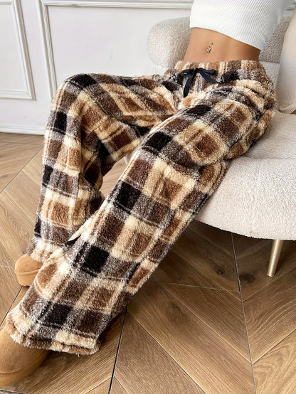 Warm Plaid Fleece Sweatpants for Women with Drawstring Waist Wide Leg Plush Lounge Style