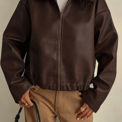 Elegant Brown Leather Jacket for Women with Collar Zip Front Cropped Style