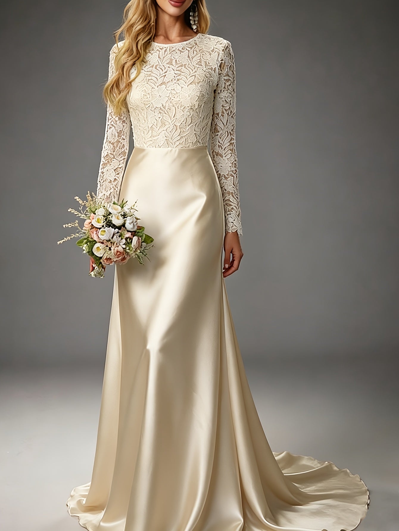 Elegant Lace Wedding Gown for Women with Round Neck Long Sleeve A Line Satin Train Bridal Style