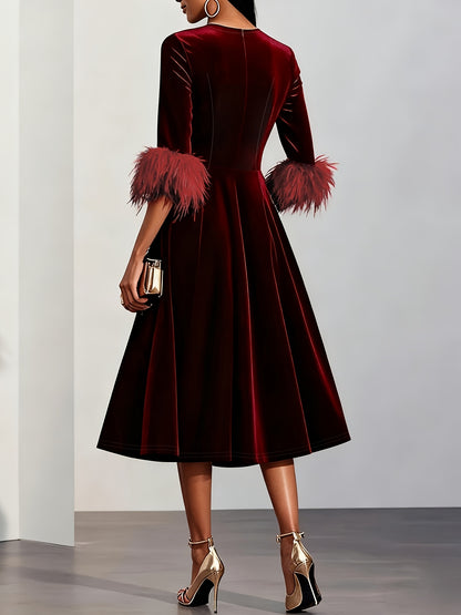 Elegant Velvet Semi Formal Dress for Women with Round Neck Feather Trim Sleeve Fit and Flare Midi Party Style