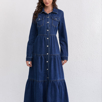 Effortless Blue Denim Dress for Women with Collar Long Sleeve Button Front Tiered Maxi Style