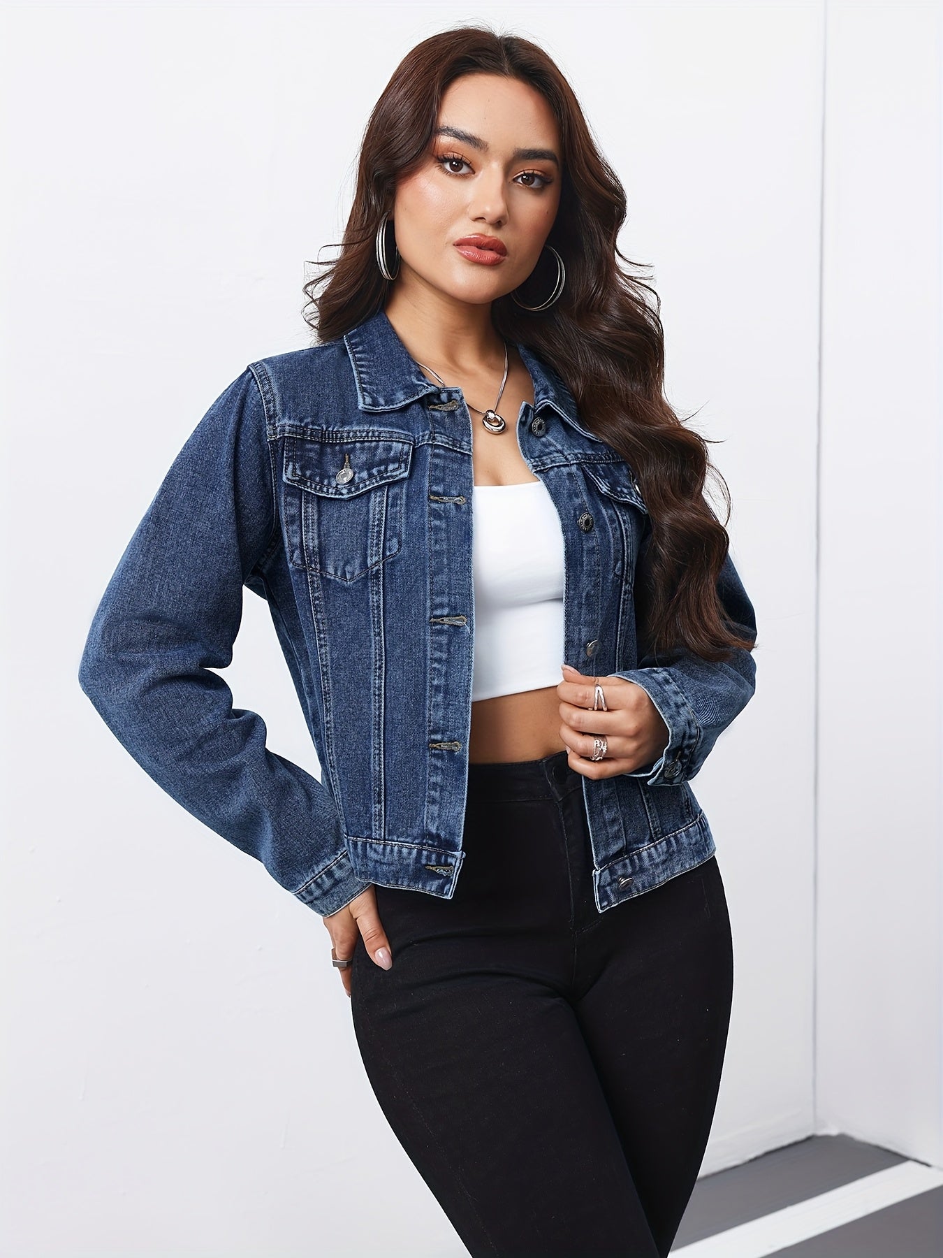 Effortless Medium Blue Jean Jacket for Women with Collar Long Sleeve Button Front Cropped Casual Style