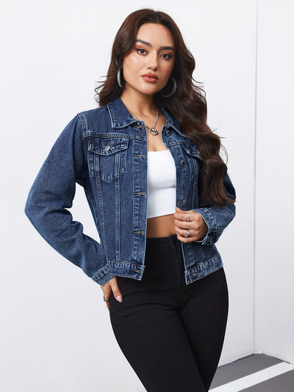 Effortless Medium Blue Jean Jacket for Women with Collar Long Sleeve Button Front Cropped Casual Style