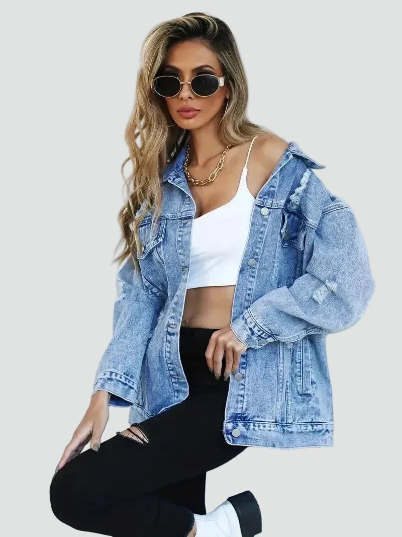 Effortless Light Blue Denim Jacket for Women with Spread Collar Long Sleeve Distressed Oversized Style