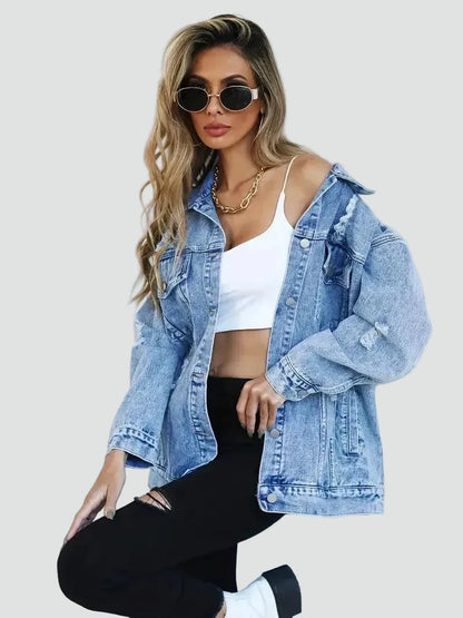 Effortless Light Blue Denim Jacket for Women with Spread Collar Long Sleeve Distressed Oversized Style