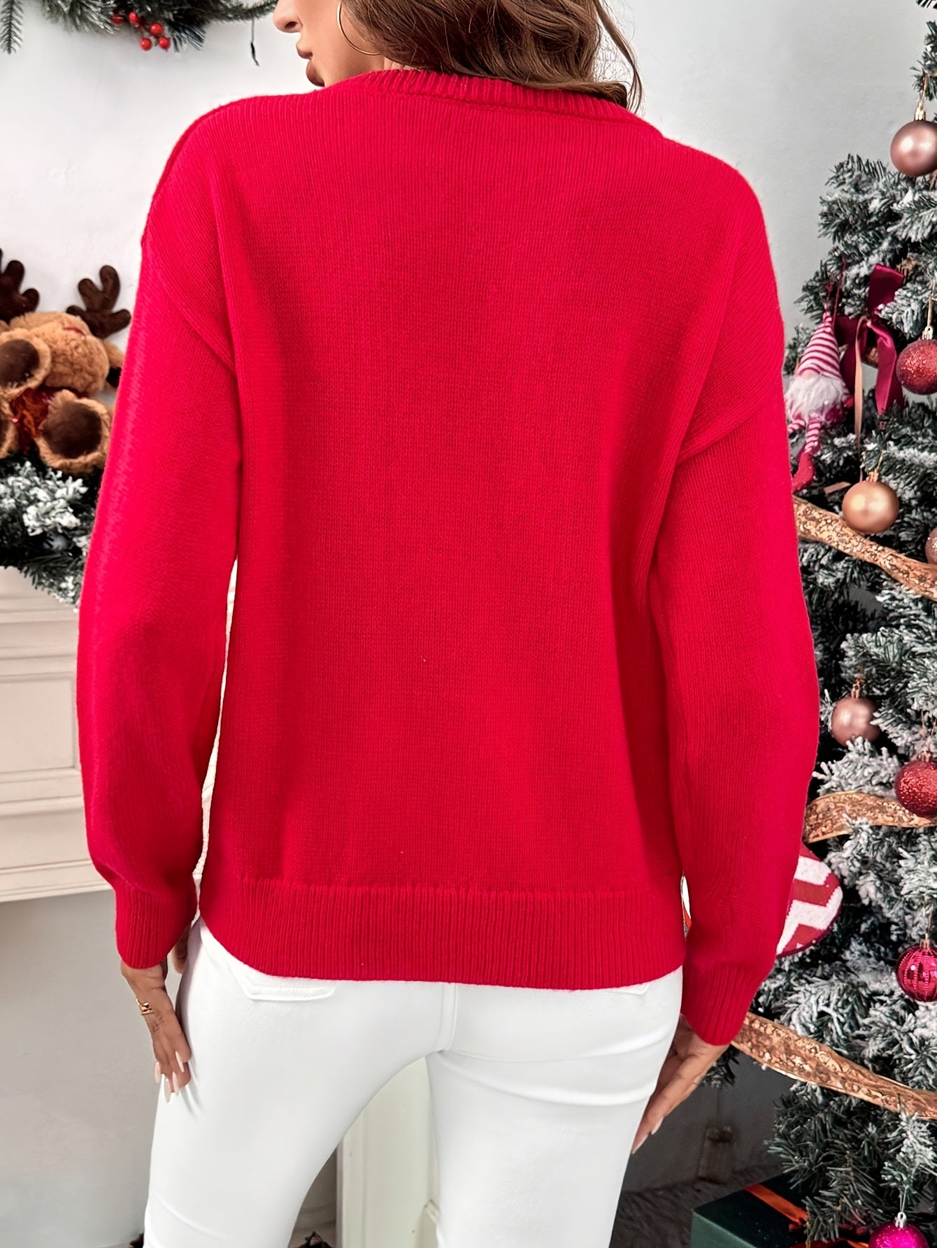 Comfortable Red Sequin Christmas Sweater for Women with Crew Neck Long Sleeve Sequin Santa Oversized Knit Style