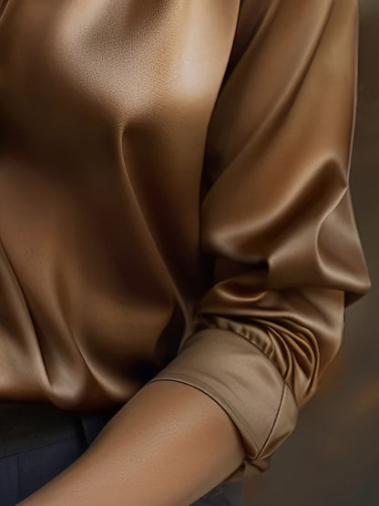 Elegant Satin Long Sleeve Shirt for Women with Collar Button Front Relaxed Silky Style