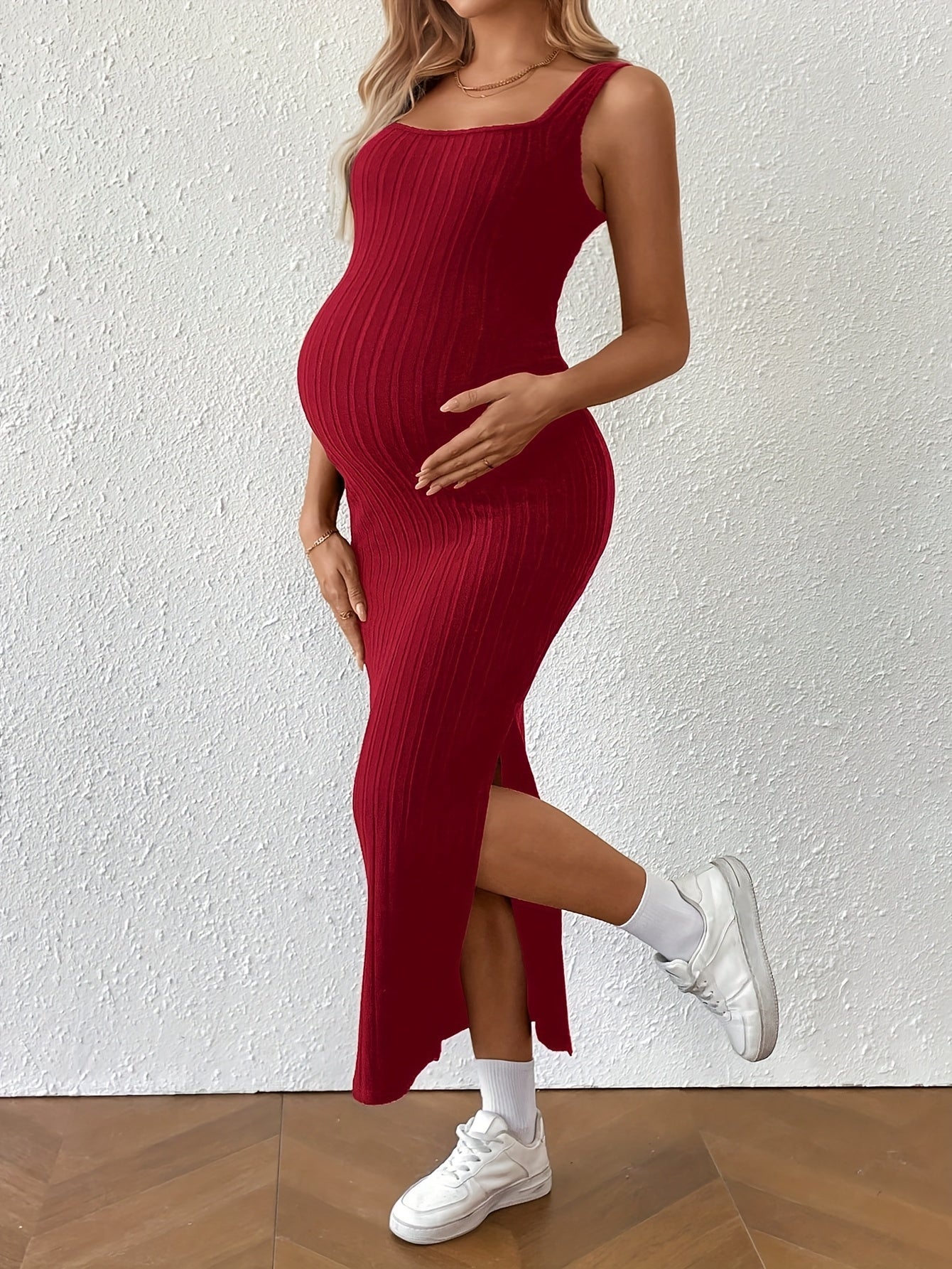 Elegant Ribbed Knit Maternity Maxi Dress for Women with Square Neck Sleeveless Crisscross Back Bodycon Style