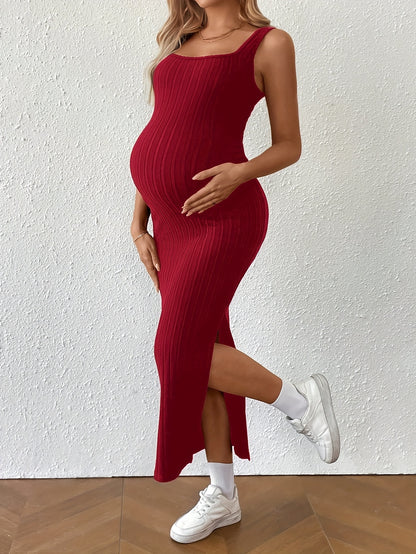 Elegant Ribbed Knit Maternity Maxi Dress for Women with Square Neck Sleeveless Crisscross Back Bodycon Style