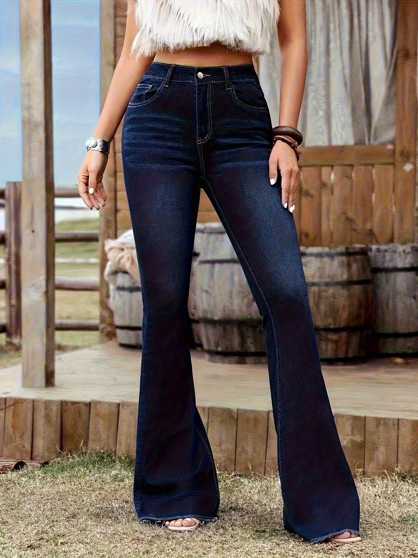 Effortless Dark Blue Flare Jeans for Women with High Waist Stretch Denim Bootcut Western Style
