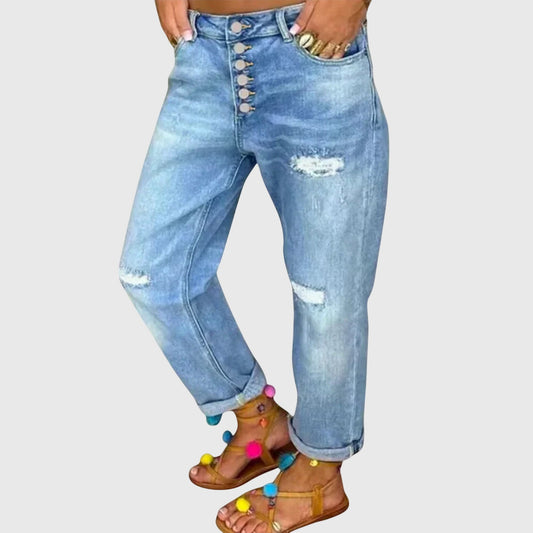 Effortless Blue Distressed Mom Jeans for Women with High Waist Button Fly Cuffed Relaxed Style