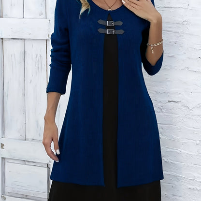 Elegant Ribbed Knit Two Tone Midi Dress for Women with Round Neck Long Sleeve Buckle Detail Layered Style