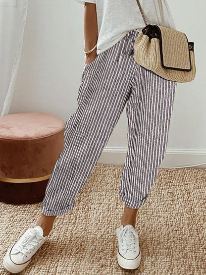 Effortless Linen Tapered Pants for Women with High Waist Drawstring Relaxed Cuffed Hem Casual Style