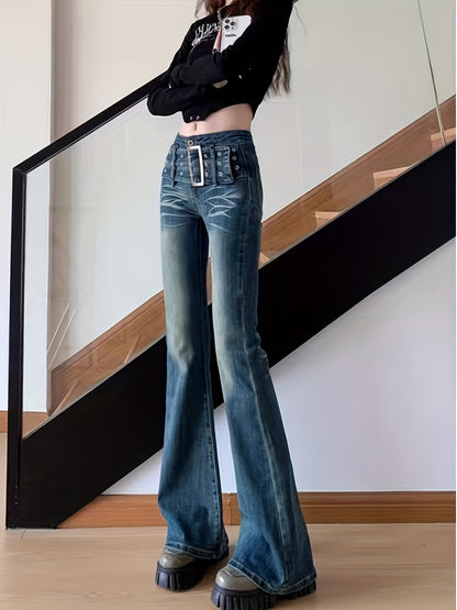 Effortless Blue Distressed Flare Jeans for Women with Grommet Belt Low Rise Whiskered Streetwear Style