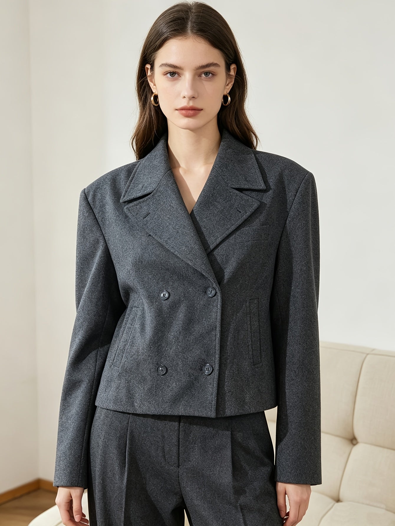 Elegant Wool Pea Coat for Women with Notch Lapel Long Sleeve Double Breasted Cropped Style