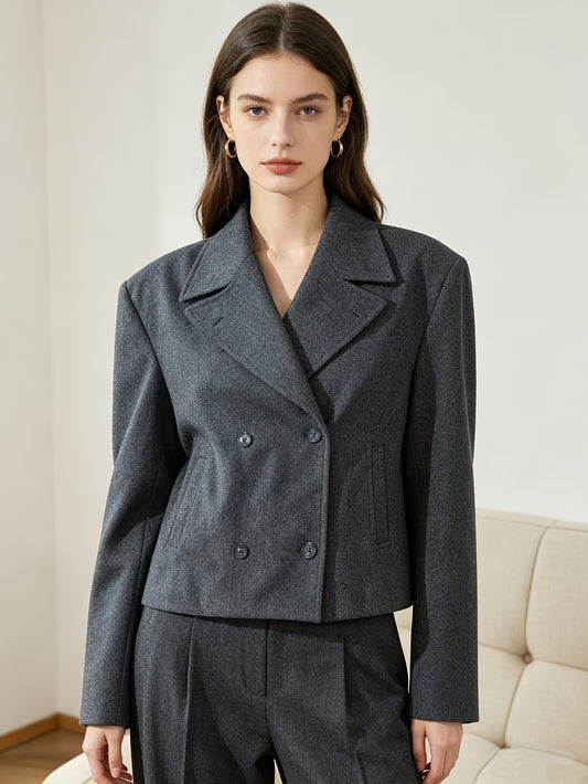 Elegant Wool Pea Coat for Women with Notch Lapel Long Sleeve Double Breasted Cropped Style