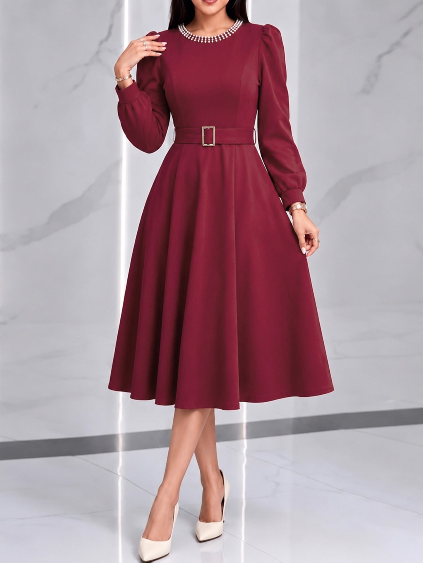Elegant Burgundy A Line Christmas Party Dress for Women with Pearl Neck Lantern Sleeve Belted Flowing Style