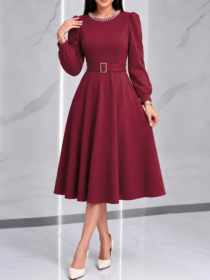 Elegant Burgundy A Line Christmas Party Dress for Women with Pearl Neck Lantern Sleeve Belted Flowing Style
