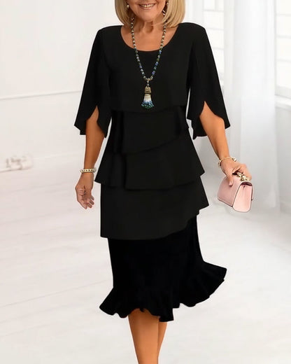 Elegant Tiered Little Black Dress for Women with Round Neck Flutter Sleeve Ruffle Hem Flowing Style