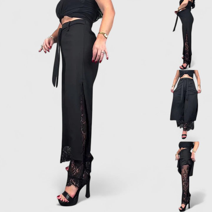 Elegant Black Wide Leg Pants for Women with High Waist Lace Trim Belted Slit Flowing Style