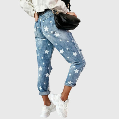 Effortless Blue Star Print Jeans for Women with High Waisted Distressed Baggy Relaxed Casual Style
