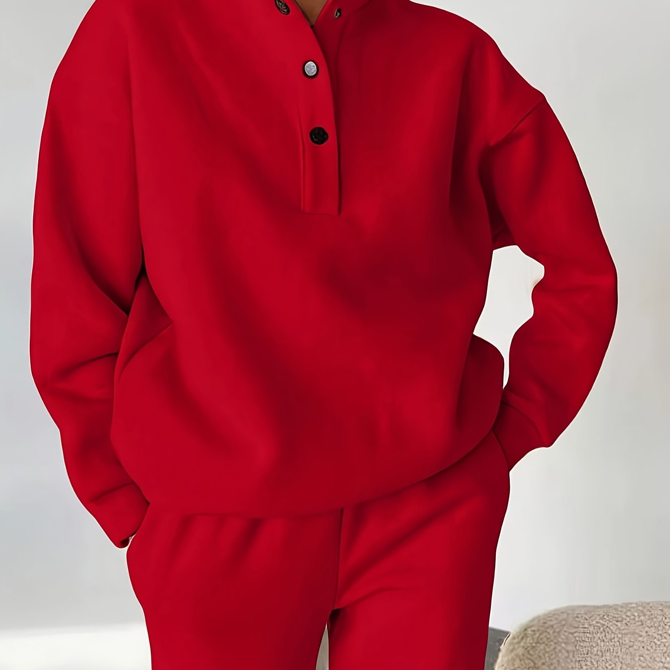 Comfortable Fleece Sweatsuit for Women with Mock Neck Snap Button Long Sleeve Oversized Two Piece Style
