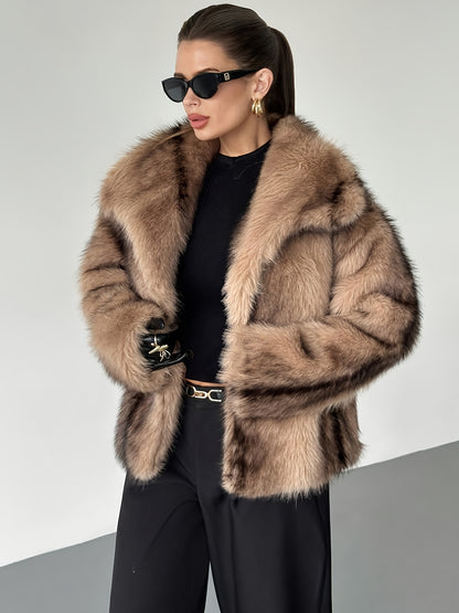 Elegant Khaki Fur Coat for Women with Notch Collar Long Sleeve Oversized Cropped Style