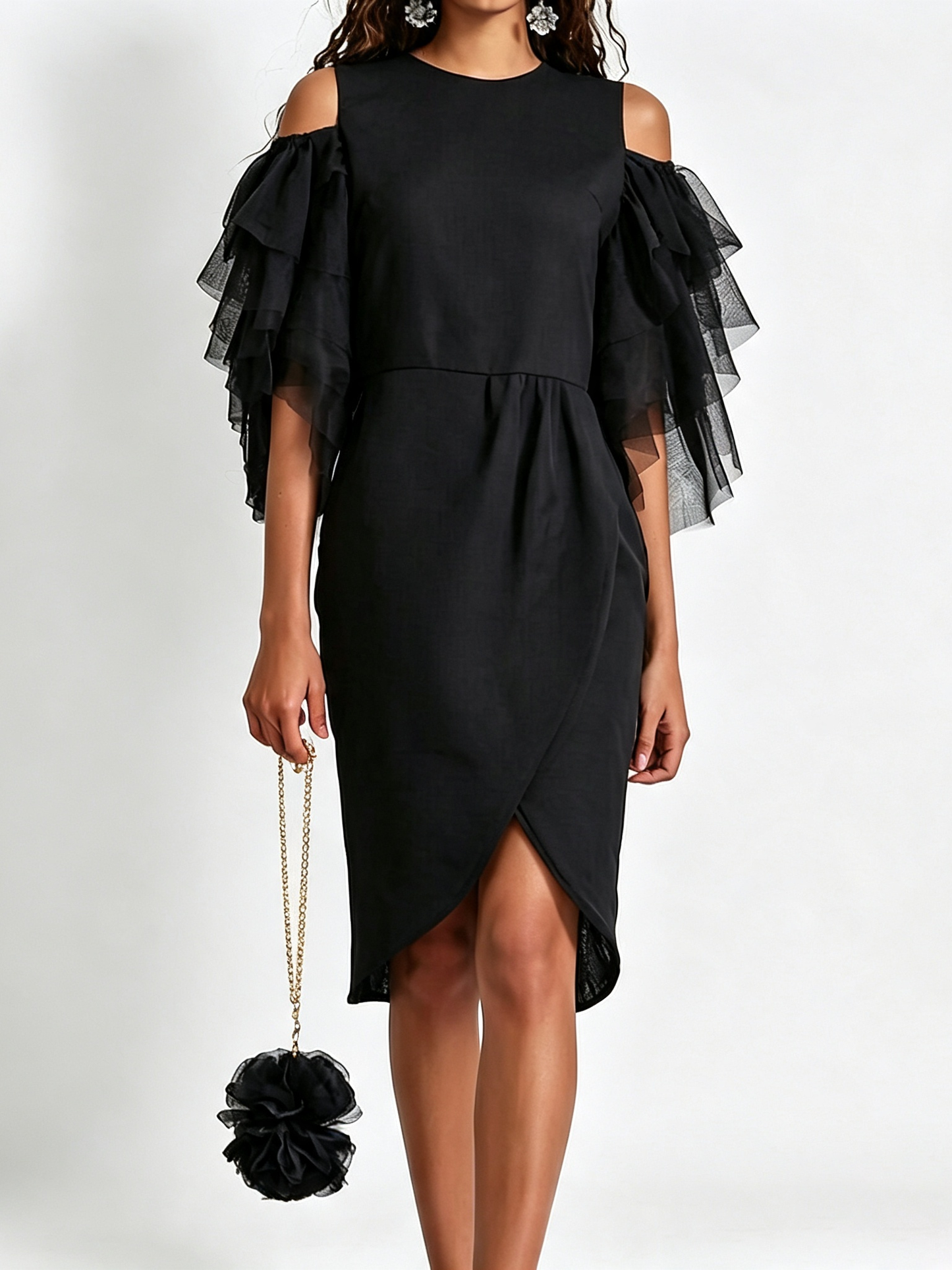 Elegant Black Cocktail Dress for Women with Cold Shoulder Tiered Ruffle Sleeve Wrap Front Formal Style