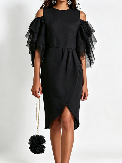 Elegant Black Cocktail Dress for Women with Cold Shoulder Tiered Ruffle Sleeve Wrap Front Formal Style