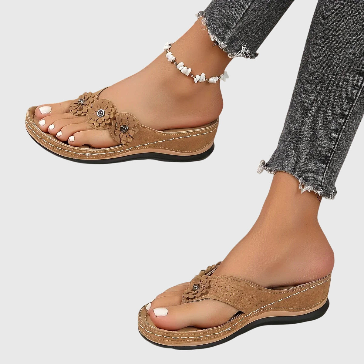 Comfortable Orthopedic Flip Flops for Women with Flower Detail Toe Loop Wedge Platform Casual Sandal Style