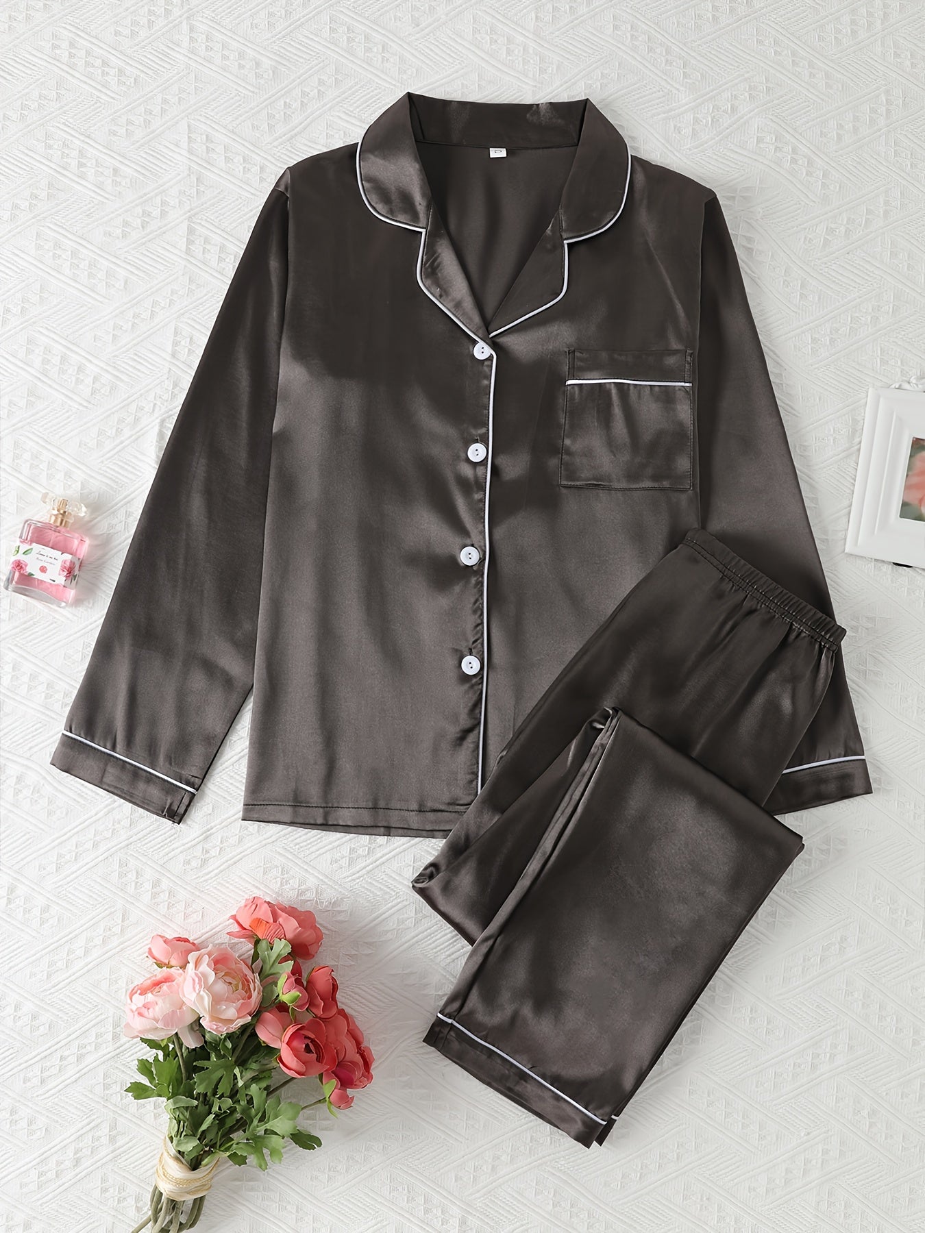 Comfortable Satin Pajamas for Women with Collar Button Front Piping Trim