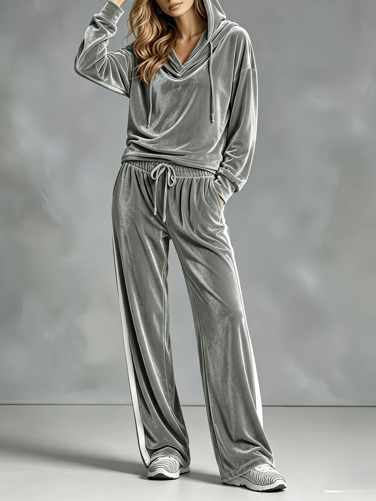 Cozy Velvet Sweatsuit for Women with Cowl Neck Long Sleeve Drawstring Side Stripe Relaxed Style
