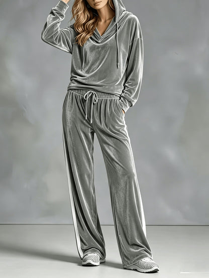 Cozy Velvet Sweatsuit for Women with Cowl Neck Long Sleeve Drawstring Side Stripe Relaxed Style