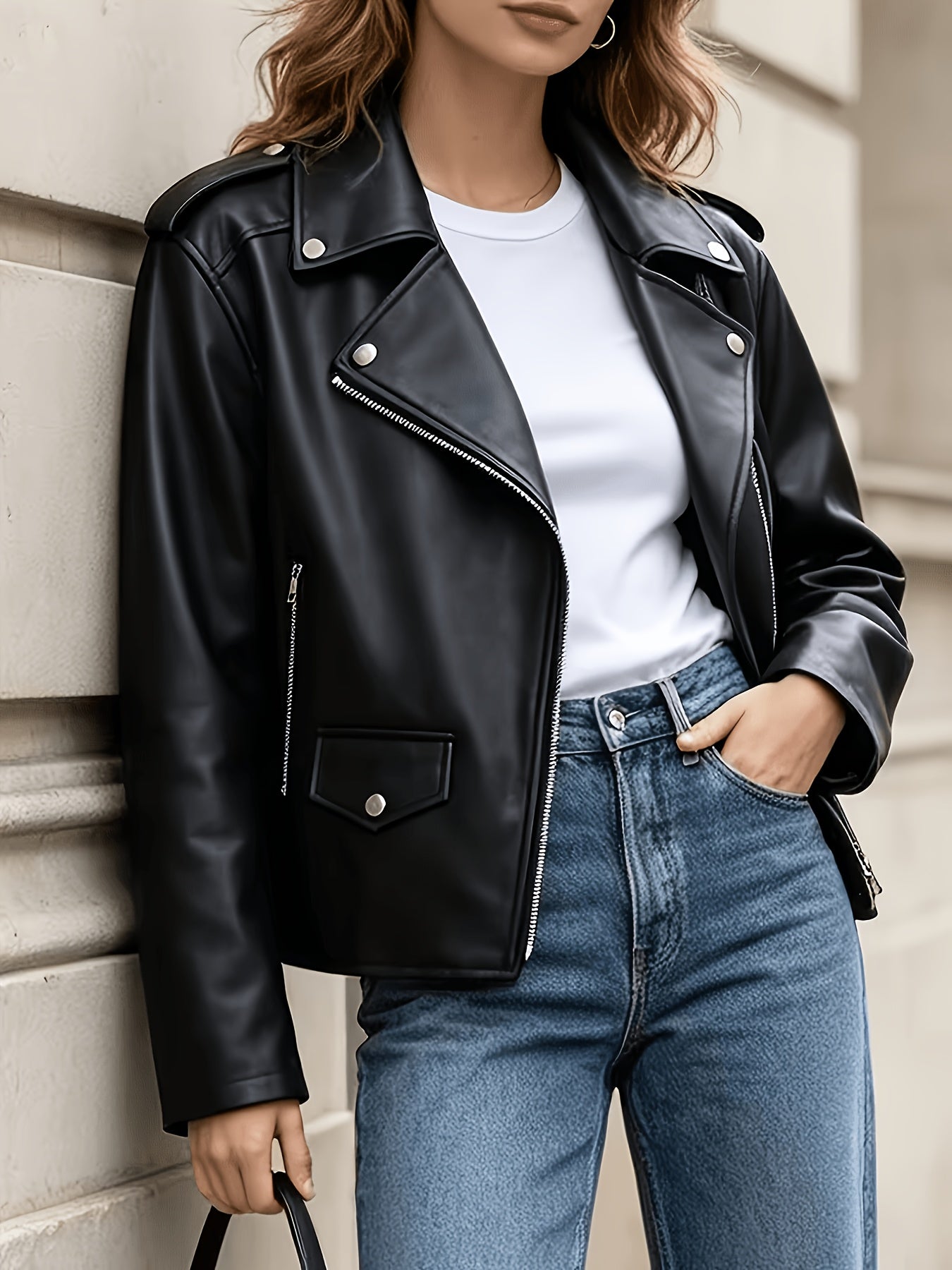 Edgy Black Faux Leather Moto Jacket for Women with Notched Lapel Asymmetrical Zip Ribbed Biker Style