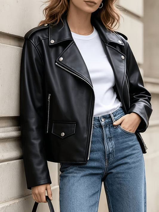 Edgy Black Faux Leather Moto Jacket for Women with Notched Lapel Asymmetrical Zip Ribbed Biker Style