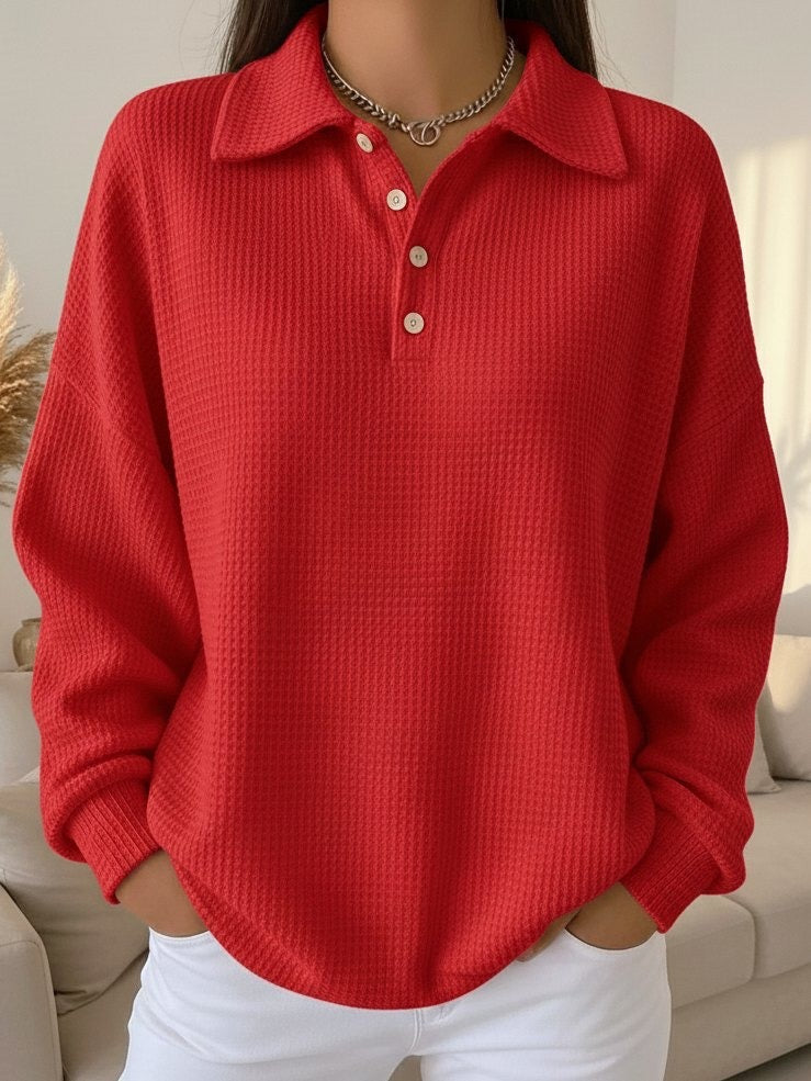 Cozy Waffle Knit Sweater for Women with Polo Collar Long Sleeve Button Front Oversized Style