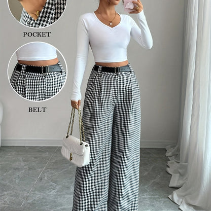 Elegant Black And White Houndstooth Chino Pants for Women with High Waist Belted Wide Leg Casual Style