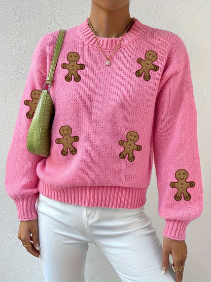 Cozy Pink Gingerbread Christmas Tacky Sweater for Women with Crew Neck Long Sleeve Knit Pullover Holiday Style